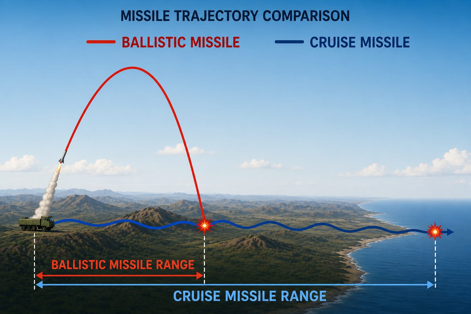 Ballistic vs Cruise missile trajectory comparison
